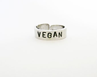 Vegan ring, personalized ring, adjustable ring, animal friendly jewelry, aluminium ring, hand stamped ring, handstamped ring veg silver ring