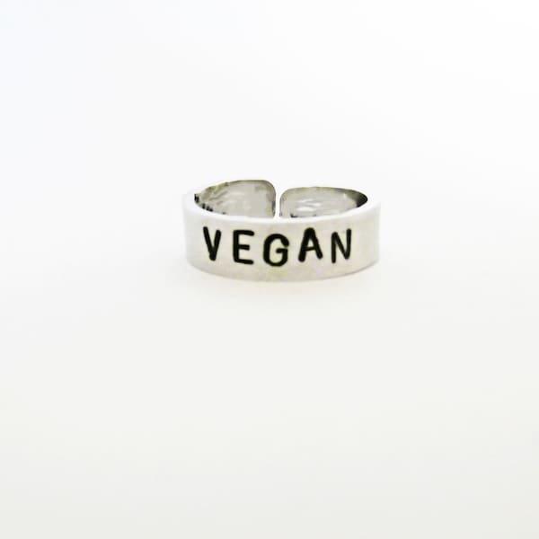 Vegan ring, personalized ring, adjustable ring, animal friendly jewelry, aluminium ring, hand stamped ring, handstamped ring veg silver ring