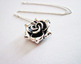 Sterling silver necklace, Metal Floral Necklace, rose pendant, flower necklace, tiny cute simple necklace, sterling silver jewelry handmade