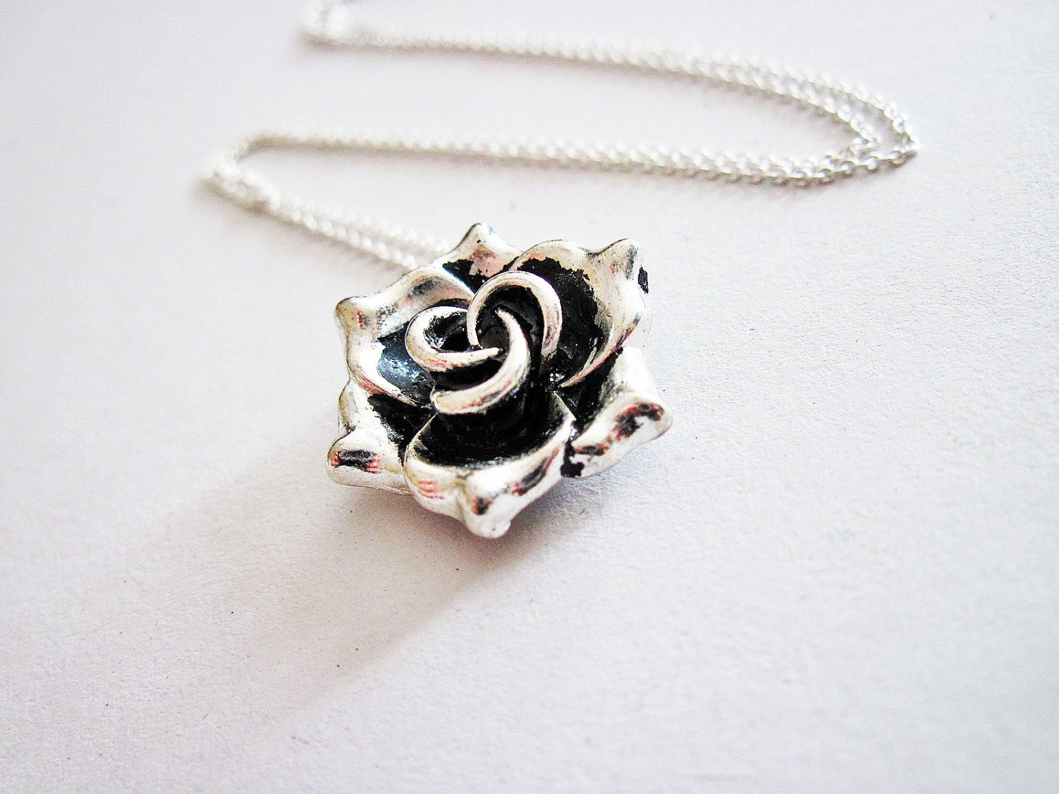 Sterling Silver Necklace Metal Floral Necklace Rose Pendant Etsy