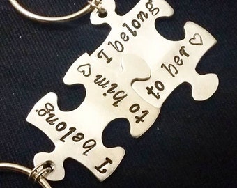 I Belong to You Belong With Me, I Love Him, I Love Her, couple keychain, gifts for him and her, anniversary gifts, interlocking jigsaw piece