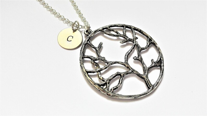 Collana personalizzata con albero della vita e iniziali, collana albero genealogico, collana famiglia, collana iniziale, collana argentata immagine 1