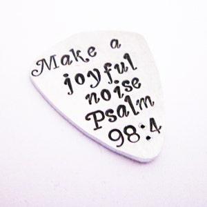 guitar pick keychain, guitar plectrum, make a joyful noise, psalm 98:4 religious christian gift, aluminum pick, mens gift boyfriend birthday