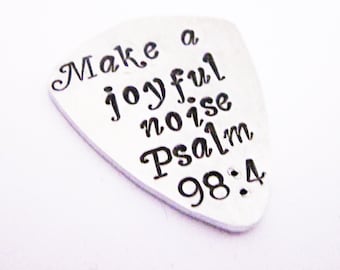 guitar pick keychain, guitar plectrum, make a joyful noise, psalm 98:4 religious christian gift, aluminum pick, mens gift boyfriend birthday