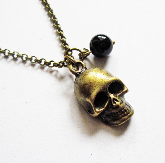 Skull Necklace, skull jewelry, head necklace, punk style, black onyx bead, 3D skull, plain chain, brass necklace, mexican day of the dead
