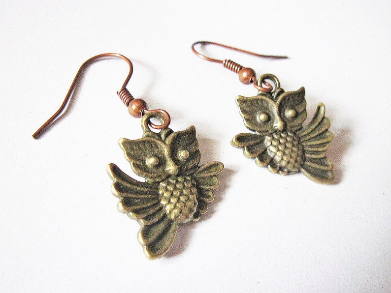 Flying Owl Earrings, Dangle Earrings, Bird Owl Jewelry, Jewellery Earrings, Woodland Creatures Whimsical, Brass Owl, retro, vintage style image 4