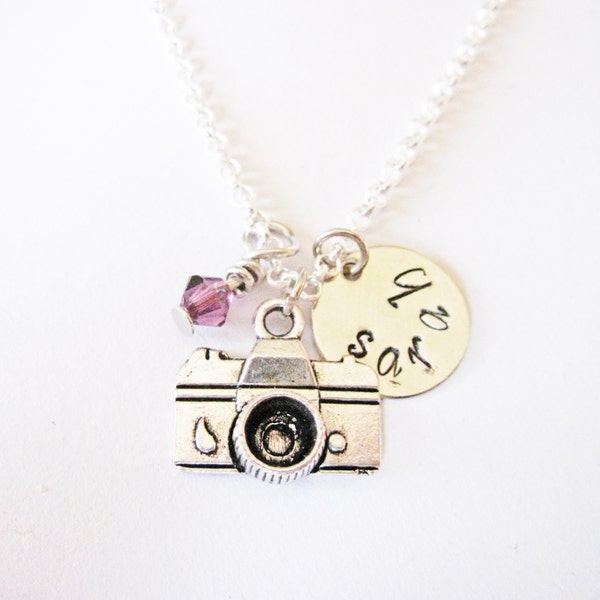 Camera necklace, Personalized initial camera necklace, Name necklace, snap, vintage camera, hand stamped, photographer gift, capture life