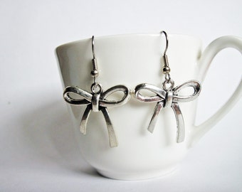 Bow earrings silver plated, cute romantic little metal tie ribbons dangle affordable earrings, bow jewelry, handmade earrings