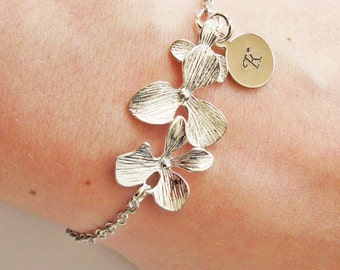 Initial Orchid bracelet, Personalized bracelet, Initial bracelet, custom Bracelet, Bridesmaids Bracelets, Silver Orchid flower