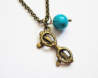 eye glasses necklace, sunglasses necklace, quirky necklace, geek jewelry, turquoise necklace, brass necklace, summer necklace, beach