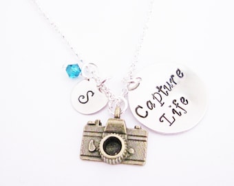 Capture Life Camera Initial and Birthstone Necklace, Silver Necklace, Handstamped Personalized Necklace, journalist photographer photography