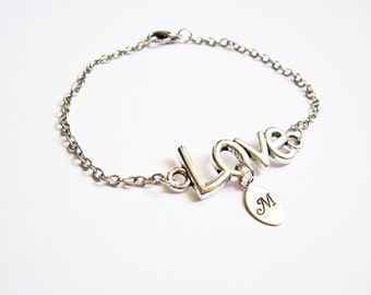 Personalized Love Bracelet with Initials, personalized Bracelet, initial Jewelry, Initial Bracelet, Monogram, Mom Bracelet, tiny leaf charm