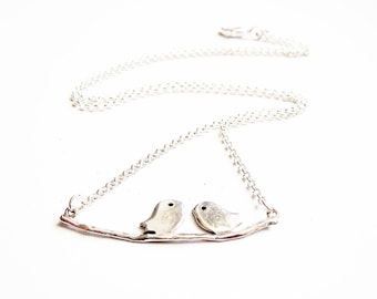 Birds on a Branch Necklace, Bird Branch Necklace, Love Birds Necklace, lovebirds, sparrow, birds jewelry, silver pendant, plain chain