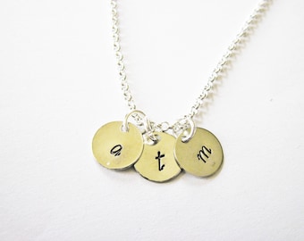 Three Initials Necklace, Triple coin Necklace, engraved 3 initials necklace, hand stamped initial necklace, personalized jewelry, 3 friends