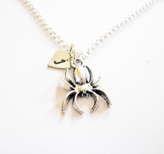 Spider necklace, spider charm, initial necklace, initial hand stamped, personalized, antique silver, monogram, silver necklace, hallooween