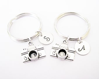 2 personalized best friend camera keychain, set of two, antique silver initial camera charm, photographer gift, photography, custom, silver