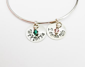 Personalized Bangle Bracelet, Best Friends Bracelet, Silver Bangle Charm Bracelet, Name Bracelet, Birthstone Jewelry, Stacking bangles cuff