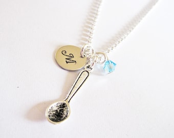 Custom Initial Necklace, Spoon Charm, spoon necklace, cutlery Kitchen Utensil, initial necklace, personalized, antique silver, monogram