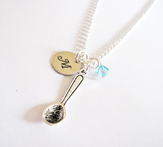 Custom Initial Necklace, Spoon Charm, spoon necklace, cutlery Kitchen Utensil, initial necklace, personalized, antique silver, monogram