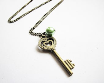 Skeleton Key Necklace, Heart Key Necklace, Key Pendant, Heart Jewelry under 25, Brass Key Necklace, Long Key Necklace, Love Heart