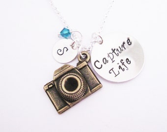 Personalized Camera Necklace, initial necklace, photography necklace, photographer gift, camera jewelry, birthstone necklace, Capture Life