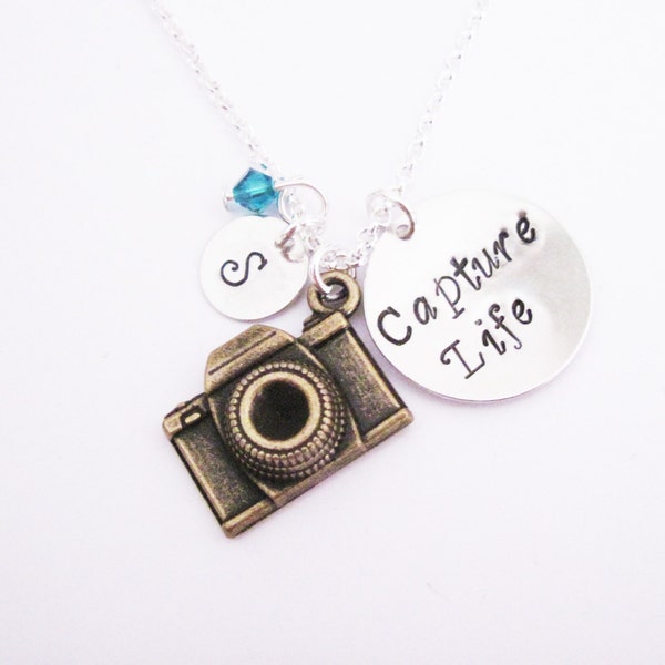 Personalized Camera Necklace, initial necklace, photography necklace, photographer gift, camera jewelry, birthstone necklace, Capture Life