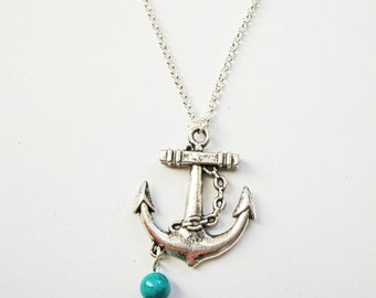 anchor dainty necklace - anchor jewelry / gift for her under 20usd, Silver Anchor Necklace, anchor pendant, silver necklace, turquoise