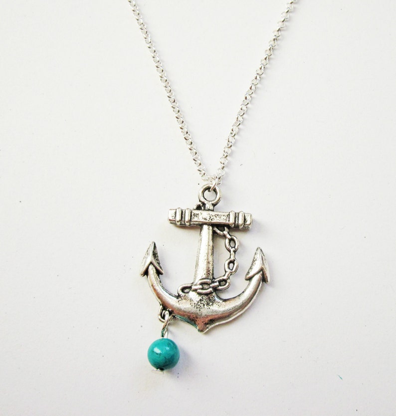 anchor dainty necklace anchor jewelry / gift for her under 20usd, Silver Anchor Necklace, anchor pendant, silver necklace, turquoise image 1