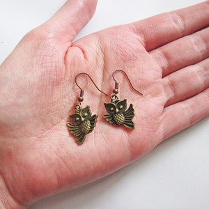 Flying Owl Earrings, Dangle Earrings, Bird Owl Jewelry, Jewellery Earrings, Woodland Creatures Whimsical, Brass Owl, retro, vintage style image 3