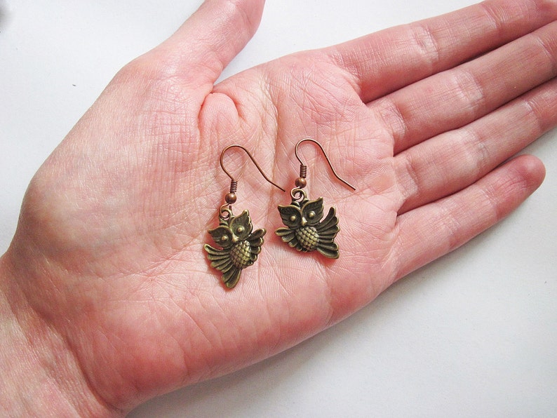 Flying Owl Earrings, Dangle Earrings, Bird Owl Jewelry, Jewellery Earrings, Woodland Creatures Whimsical, Brass Owl, retro, vintage style image 3