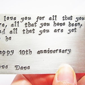 Personalized Love Note, Birthday Card, Hand Stamped Keepsake Card, Wallet Insert, Metal Wallet Card, Graduation Gift, Deployment Gift, men