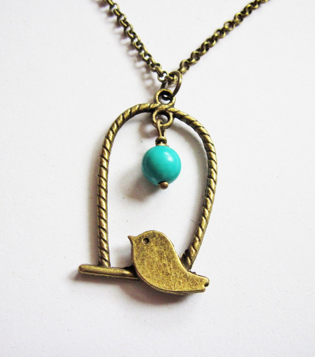 Bird Necklace, Bird Cage Necklace, Bird Jewelry, Turquoise Necklace