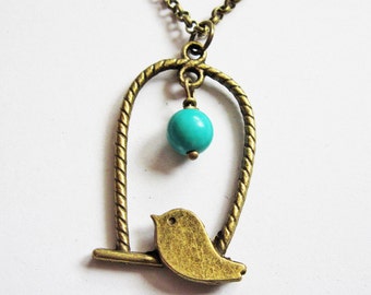 bird necklace, bird cage necklace, bird jewelry, turquoise necklace, bird cage jewelry, bird charm necklace, animal necklace, long necklace