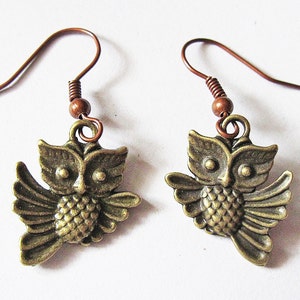 Flying Owl Earrings, Dangle Earrings, Bird Owl Jewelry, Jewellery Earrings, Woodland Creatures Whimsical, Brass Owl, retro, vintage style image 1