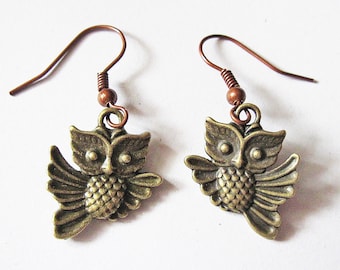 Flying Owl Earrings, Dangle Earrings, Bird Owl Jewelry, Jewellery Earrings, Woodland Creatures Whimsical, Brass Owl, retro, vintage style