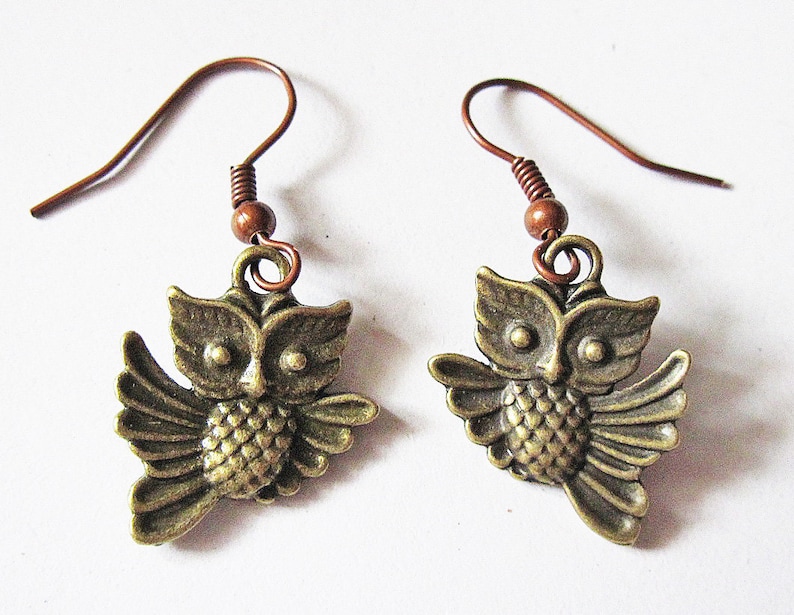 Flying Owl Earrings, Dangle Earrings, Bird Owl Jewelry, Jewellery Earrings, Woodland Creatures Whimsical, Brass Owl, retro, vintage style image 1