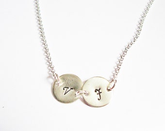 Custom Two Initials Necklace, personalized necklace, two discs Silver necklace, engraved monogrammed necklace, hand stamped necklace 2 charm