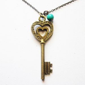 Skeleton Key Necklace, Heart Key Necklace, Key Pendant, Skeleton Key Jewelry, Brass Key Necklace, Long Key Necklace, Love Key Necklace