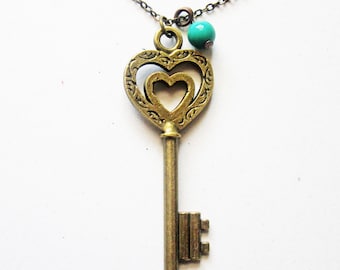 Skeleton Key Necklace, Heart Key Necklace, Key Pendant, Skeleton Key Jewelry, Brass Key Necklace, Long Key Necklace, Love Key Necklace
