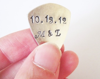 Custom guitar pick, initials and anniversary date plectrum, Mens Gifts, gifts for men, Christmas gift, Aluminum, hand stamped guitar pick