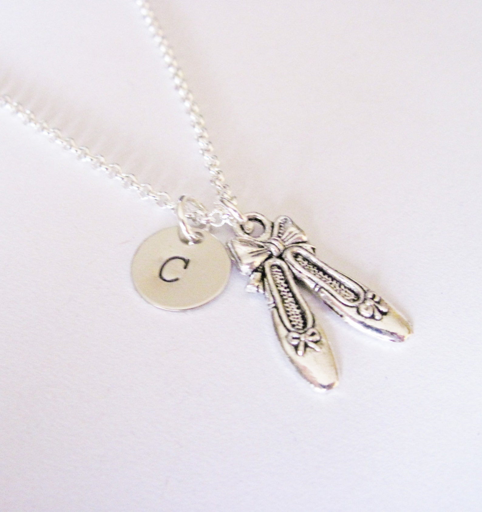 ballet shoes necklace, ballet slippers, initial necklace, initial hand stamped, personalized, antique silver, monogram, ballerin