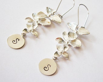 Personalized Orchid Earrings, personalized earrings, initial earrings, engraved earrings, hand stamped earrings, custom earrings silver