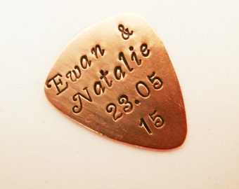 Copper guitar pick, name and anniversary date plectrum, Mens Gifts, gifts for men, Christmas gift, personalized hand stamped guitar pick