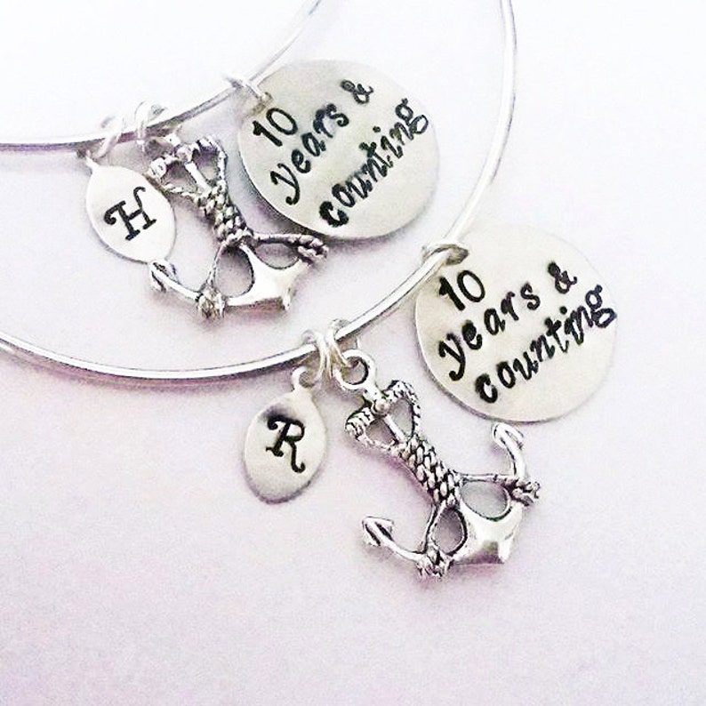 Best friend bracelet set, Personalized Anchor Bracelet, Custom Initial Bangle, 10 years and counting Friendship Jewelry Gift for Best Friend image 1