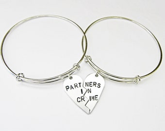 Gifts for best friends, Partners in crime jewelry, Partners in crime bracelets, BFF, Adjustable bangle, Custom hand stamped, Best friend 2