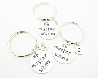 3 best friends keychain, no matter where, long distance, moving away gift, bff key chain, handstamped key ring, handstamped keychain
