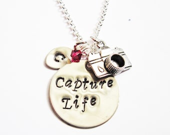 Personalized Camera Necklace, initial necklace, photography necklace, photographer gift, camera jewelry, birthstone necklace, Capture Life