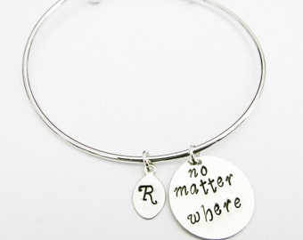 Expandable personalized bracelet, silver bangle, adjustable bracelet, no matter where, custom initial, stackable bangle goodbye gift friend