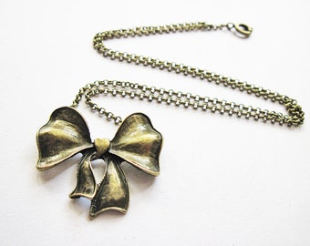 Bow Necklace, bow tie necklace, metal necklace, bowtie necklace, bow jewelry, pretty necklace, short necklace, antique bronze bow necklace