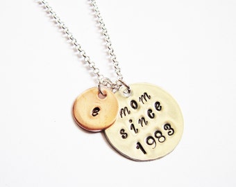 initial mom necklace, mom since, mom est, christmas gift, new mum, new mother jewelry, handstamped necklace, hand stamped pendant on chain